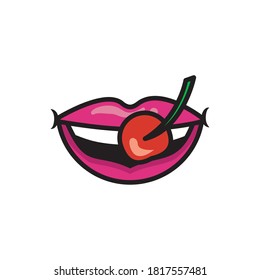 Pop art mouth biting cherry fill style icon vector illustration design