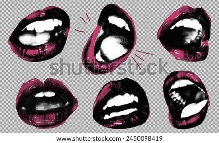 Pop art mouth elements with marker lipstick pink scribble line. Grunge black and white open mouth with tongue. Background with vintage graphic illustration on transparent bg