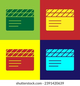 Pop art Movie clapper icon isolated on color background. Film clapper board. Clapperboard sign. Cinema production or media industry.  Vector