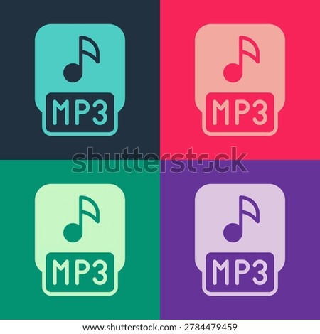 Pop art MP3 file document. Download mp3 button icon isolated on color background. Mp3 music format sign. MP3 file symbol.  Vector