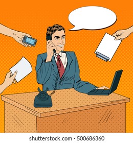 Pop Art Multi Tasking Busy Businessman with Laptop at Office Work. Vector illustration