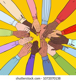 Pop Art Multicultural Hands. Multiethnic People Teamwork. Togetherness, Partnership, Friendship Concept. Vector illustration