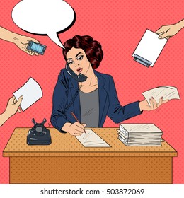 Pop Art Multitasking Busy Business Woman at Office Work. Vector illustration