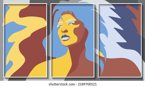 Pop art mural with an abstract female portrait.
 A beautiful panel for interior decoration, corporate designs, blogs, postcards, posters and your other projects. Vector. 