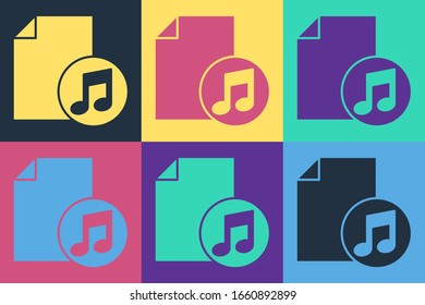 Pop art Music book with note icon isolated on color background. Music sheet with note stave. Notebook for musical notes.  Vector Illustration