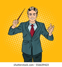 Pop Art Music Conductor Man with a Baton. Vector illustration