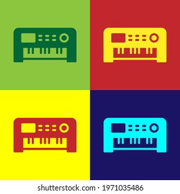 Pop art Music synthesizer icon isolated on color background. Electronic piano.  Vector