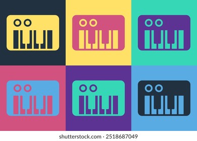 Pop art Music synthesizer icon isolated on color background. Electronic piano.  Vector