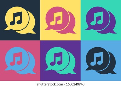 Pop Art Musical Note in Sprache Blase Symbol einzeln auf Farbhintergrund. Musik- und Tonkonzept. Vektorillustration-Illustration