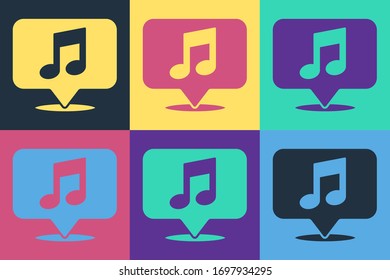 Pop art Musical note in speech bubble icon isolated on color background. Music and sound concept.  Vector Illustration