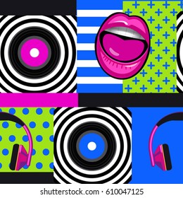 pop art musical pattern with vinyl