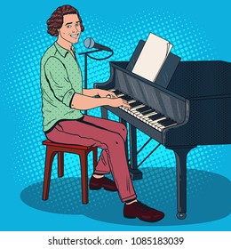 Pop Art Musician Playing Piano and Singing into the Microphone. Male Singer. Vector illustration