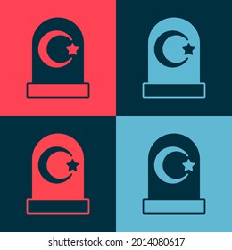 Pop art Muslim cemetery icon isolated on color background. Islamic gravestone.  Vector