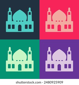 Pop art Muslim Mosque icon isolated on color background.  Vector