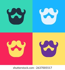 Pop art Mustache and beard icon isolated on color background. Barbershop symbol. Facial hair style.  Vector