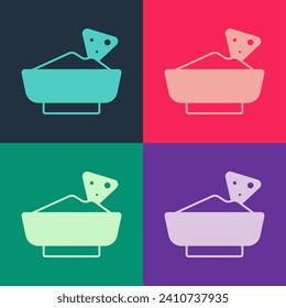 Pop art Nachos in bowl icon isolated on color background. Tortilla chips or nachos tortillas. Traditional mexican fast food menu.  Vector