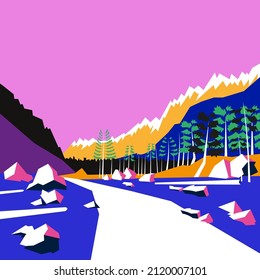 La naturaleza del arte pop y las montañas paisajean colores creativos, dibujados en el estilo del minimalismo, el estilo de arte de op brillante. Ilustración vectorial.