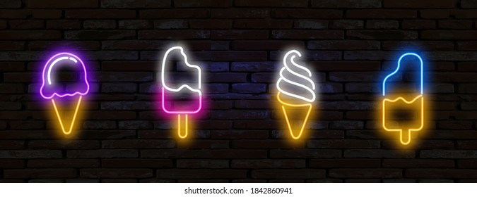 Pop art neon ice cream icons set. Pop art neon sign. Bright signboard, light banner. Set of neon stickers, pins, patches in 80s-90s neon style.