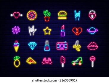 Pop art neon icons collection. Donut and pizza. Banana, diamond and hands. Summer signboard. Cute symbols for bar, cafe and shop. Editable stroke. Vector stock illustration