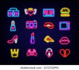 Pop art neon icons collection. Burger and pizza. Woman lips and shoe. Retro electronics. Summer concept. Simple symbols for bar, cafe and shop. Editable stroke. Vector stock illustration