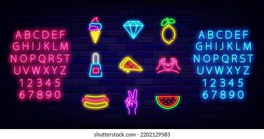 Pop art neon icons collection. Ice cream, pizza and hot dog. Hand poses. Shiny pink and blue alphabet. Retro style. Shiny effect banner. Editable stroke. Vector stock illustration