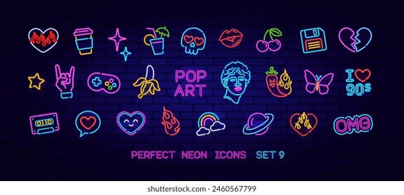 Pop Art Neon Icons Set 9. Neonretro-Zeichen Pop Art 90er Jahre. Vektorgrafik Neon Light Banner, Emblem-Set von Herz, Gamepad, Audiokassette, Kaffeepizza, Kirsche, Cocktail.  Bar und Nachtklub Glühneon Symbol Zeichen