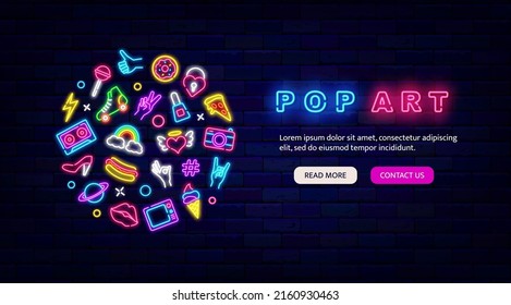 Pop art neon landing page. Round signboard with retro icons. 1960s style. Pizza, rainbow and hot dog. Beauty salon emblem. Shiny effect banner. Editable stroke. Vector stock illustration