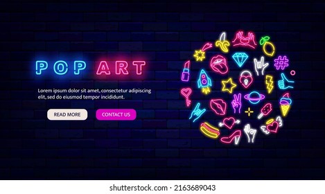 Pop art neon landing page template. Circle layout with vintage icons. Retro style. Hot dog, female lips and hand poses. Shiny effect banner. Editable stroke. Vector stock illustration