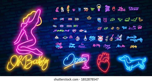 Pop art neon light sign. Bright signboard, light banner. Vector illustration Pop art icons set. Pop art neon sign. Set of neon stickers, pins, patches in 80s-90s neon style.