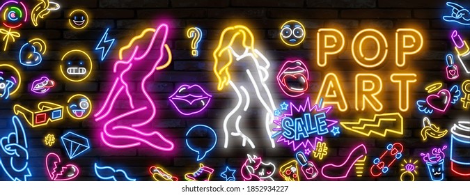 Pop art neon light sign. Bright signboard, light banner. Vector illustration Pop art icons set. Pop art neon sign. Set of neon stickers, pins, patches in 80s-90s neon style.