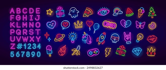 Pop Art Neon sign set 7 of Night Party icons collection. Bright signboard, light banner. Vector Neon icons and symbols: heart, diamond, pizza, rock hand, gift box, crown, donut, unicorn, neon icons