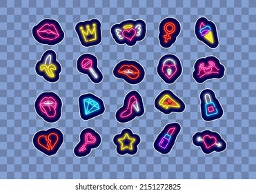 Pop art neon stickers collection. Female lips and lollipop. Banana and heart. Retro design signboard. Woman set patches. Crown, lipstick and brilliant Editable stroke. Vector stock illustration
