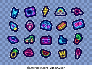 Pop Art Neon Stickers Pack. Camera And Hot Dog. Cactus And Roller Skates. Retro Design Signboard. Funny Set Patches. Hand Like Pose And Diamond. Editable Stroke. Vector Stock Illustration