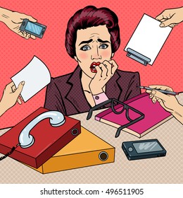 Pop Art Nervous Business Woman Biting Her Fingers at Multi Tasking Office Work. Vector illustration