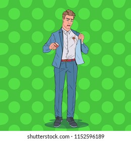 Pop Art Nervous Businessman Spilling Coffee on Shirt. Man with Stains on his Clothes. Vector illustration