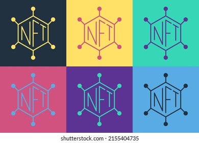 Pop art NFT blockchain technology icon isolated on color background. Non fungible token. Digital crypto art concept.  Vector