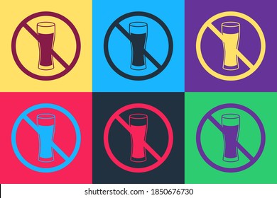 Pop art No alcohol icon isolated on color background. Prohibiting alcohol beverages. Forbidden symbol with beer bottle glass. Vector.