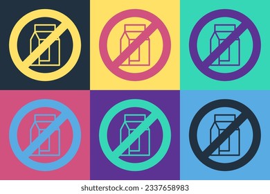 Pop art No pack of milk icon isolated Pop art background. Not allow milk. Allergy concept, lactose intolerance allergy warning sign.  Vector