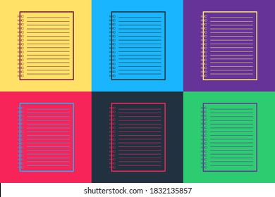Icono Pop art Notebook aislado en el fondo del color. Nota espiral. Cuaderno escolar. Almohadilla de escritura. Diseño de portada para portátiles. Artículos de papelería de oficina. Vector.