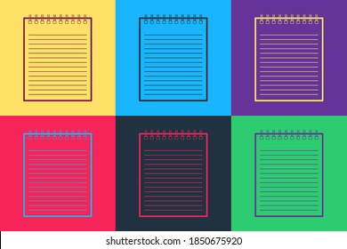 Pop art Notebook icon isolated on color background. Spiral notepad icon. School notebook. Writing pad. Diary for business. Notebook cover design. Vector.