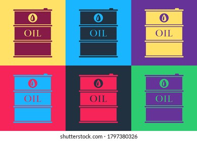 Pop art Oil barrel icons isolated on color background. Oil drum container. For infographics, fuel, industry, power, ecology. Vector.