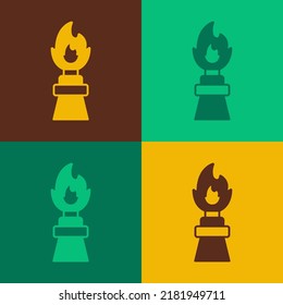 Pop art Oil rig with fire icon isolated on color background. Fire accident. Gas tower. Industrial object.  Vector
