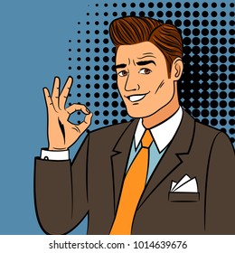 Pop art ok man. Vintage cartoon handsome young business man smiling and showing okay sign vector illustration