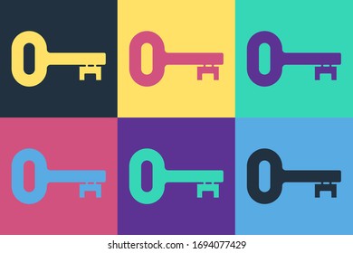 Pop art Old key icon isolated on color background.  Vector Illustration