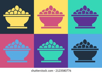 Pop art Olives in bowl icon isolated on color background.  Vector