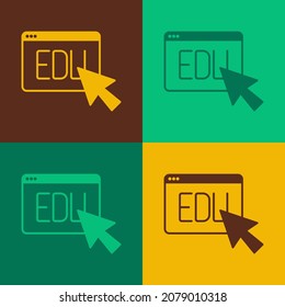 Pop art Online education and graduation icon isolated on color background. Online teacher on monitor. Webinar and video seminar learning.  Vector