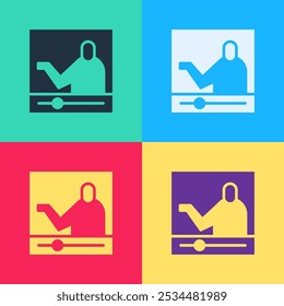 Pop art Online education and graduation icon isolated on color background. Online teacher on monitor. Webinar and video seminar learning.  Vector Illustration