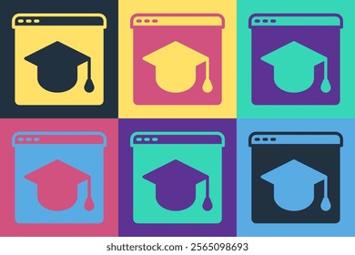 Pop art Online education and graduation icon isolated on color background. Online teacher on monitor. Webinar and video seminar learning.  Vector