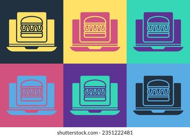 Pop art Online ordering and burger delivery icon isolated on color background.  Vector