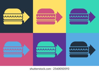 Pop art Online ordering and burger delivery icon isolated on color background.  Vector Illustration